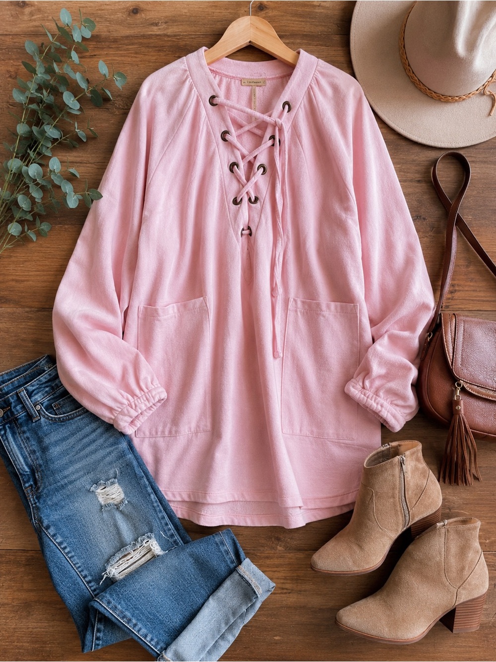 Free People Lace-Up Pullover Tunic in Pale Pink